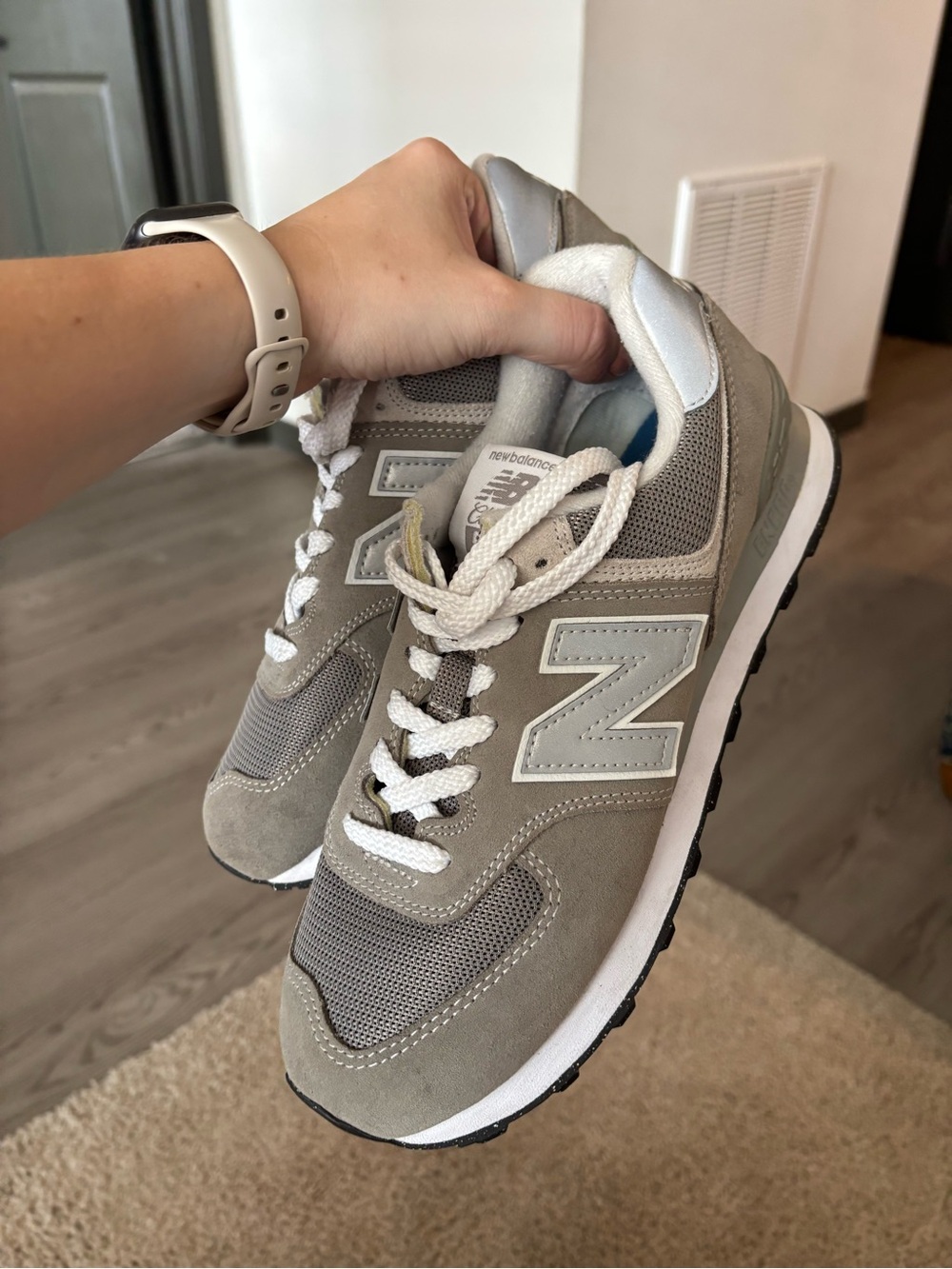 New Balance White and Gray Athletic Sneakers with Blue Insole - Picture 3 of 4
